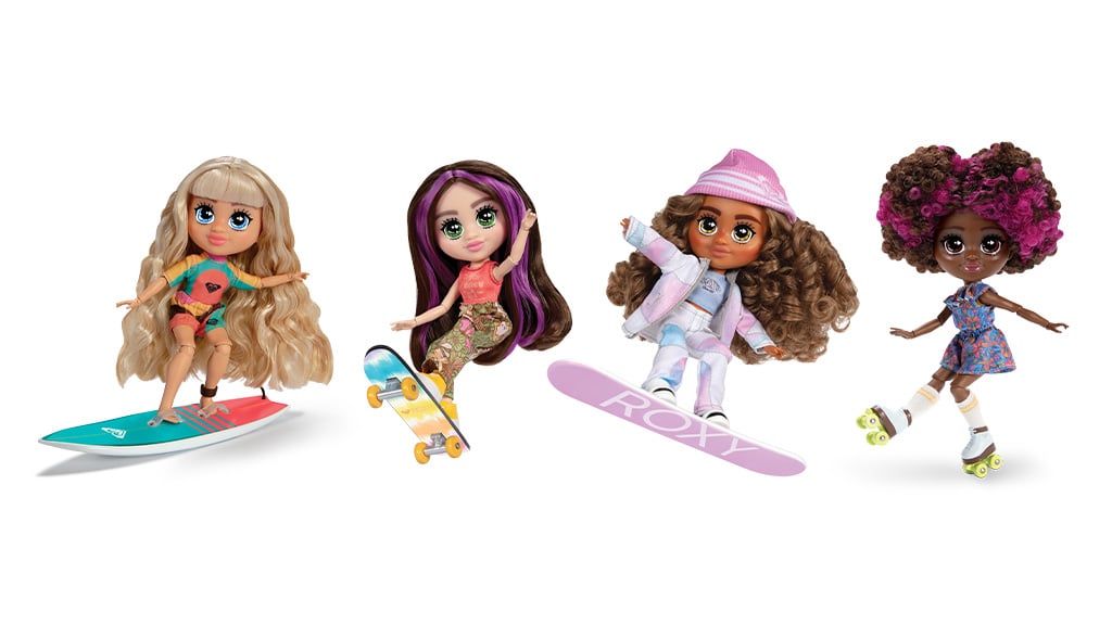 Jazdi na skateboarde, surfuj a kĺzaj sa s novými športovými a štýlovými bábikami Roxy!