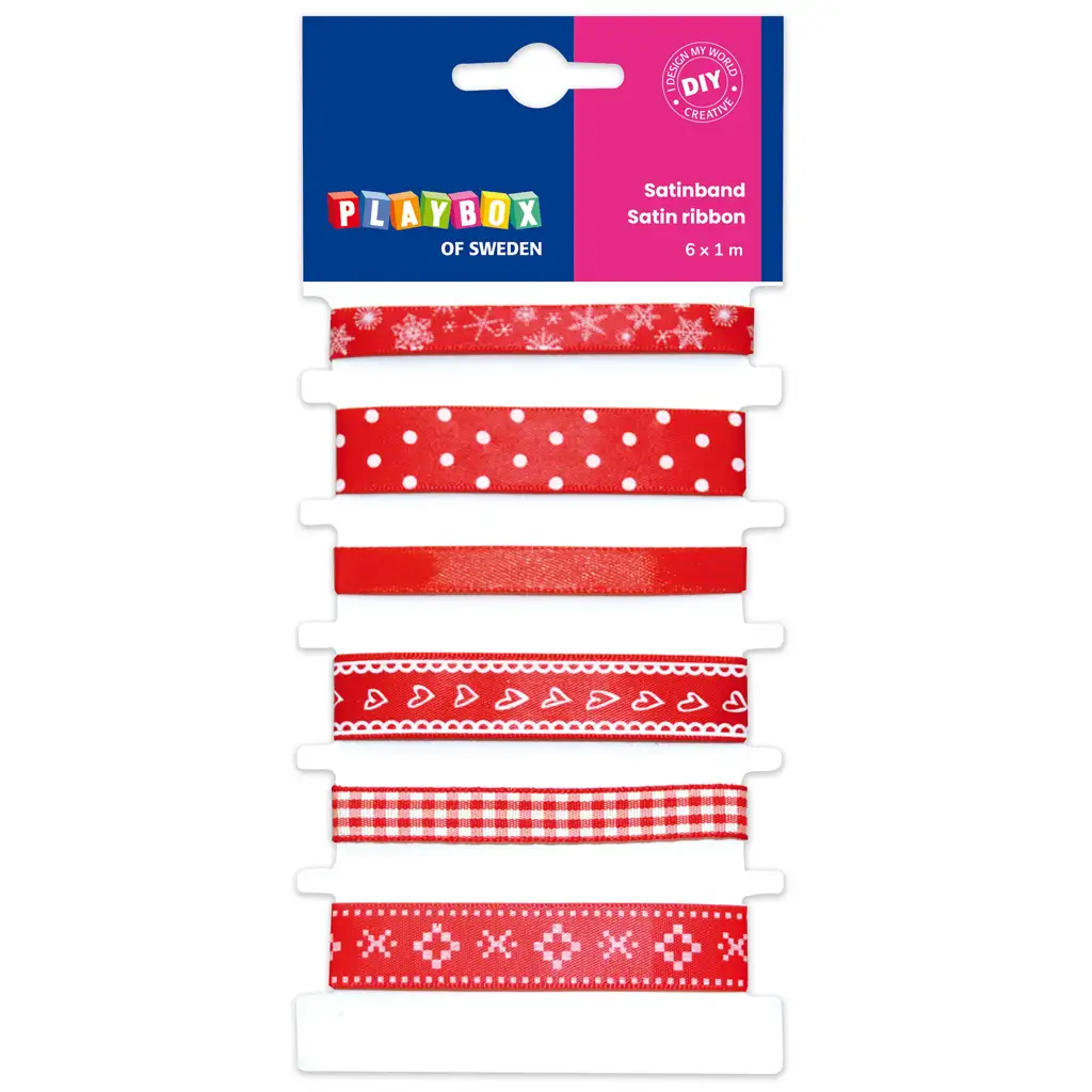PlayBox: Sada červených saténových stúh s rôznymi vzormi, 6 kusov, 1 m