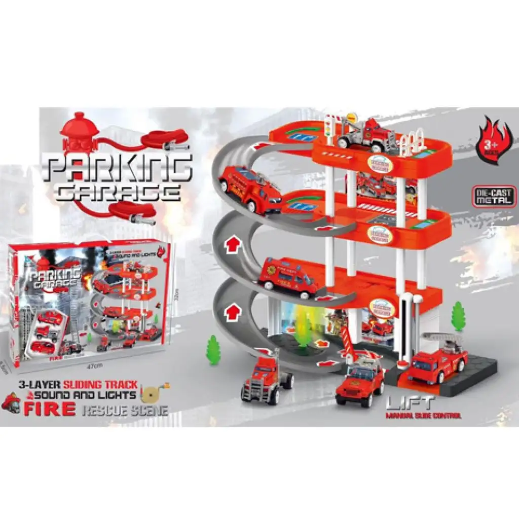 3-poschodová parkovacia garáž s hasičskými autami, so svetlom a zvukom