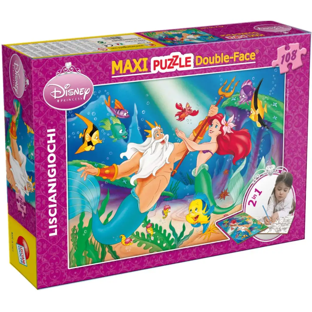 Ariel, malá morská víla 2 v 1, 108-dielne puzzle a omaľovánka 70x50 cm - Lisciani