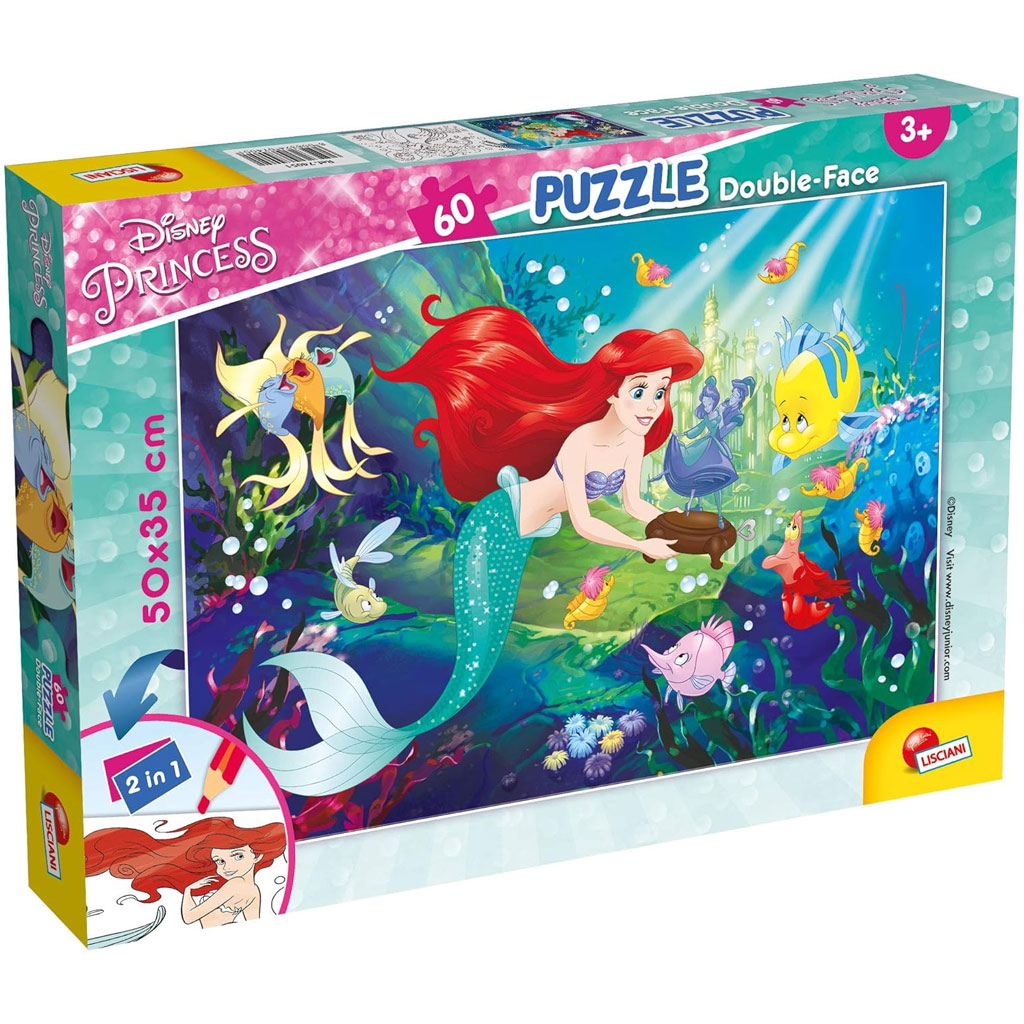 Ariel, malá morská víla 2 v 1, 60-dielne puzzle a omaľovánka 50x35cm - Lisciani