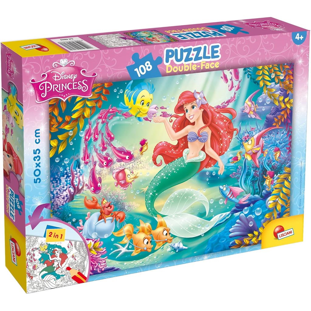 Ariel, malá morská víla 2 v 1 puzzle a omaľovánka, 108 dielikov, 50x35 cm – Lisciani