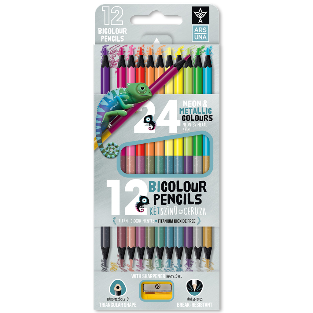 Ars Una: 12/24-kusová neon-metalická bicolorová trojhranná súprava farebných ceruziek s orezávatkom