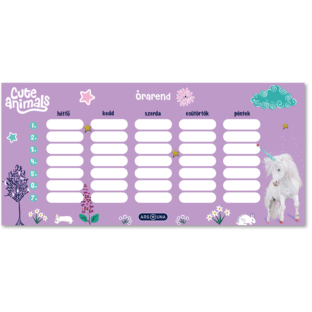 Ars Una: Cute Animals-jednorožec, jednostranný, obojstranný rozvrh hodín