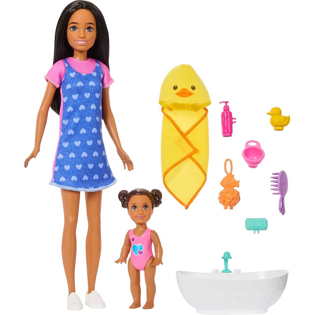 Bábika Barbie v šatách so srdiečkami, súprava na babysitting – Mattel kép 4