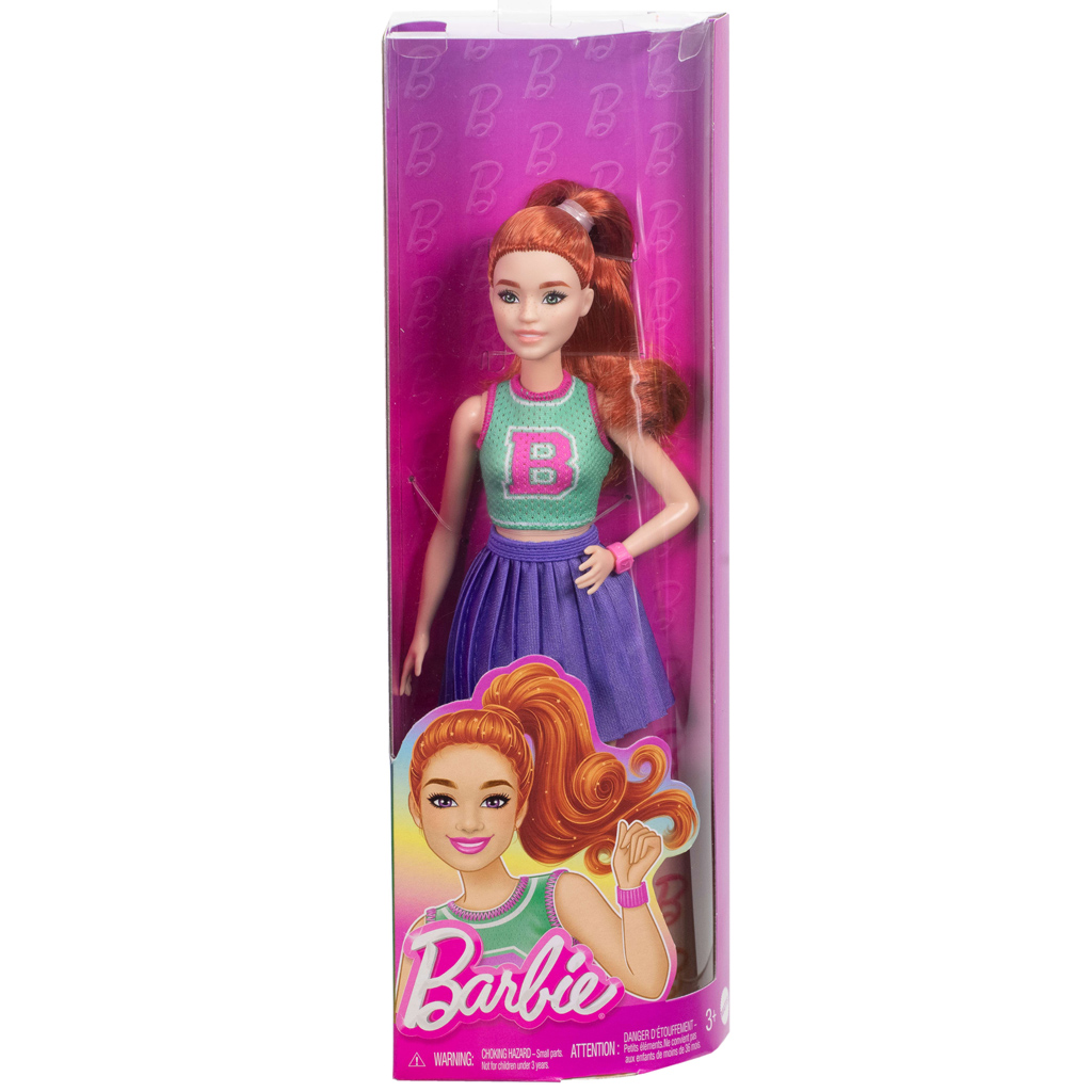 Barbie Fashionista štýlová bábika s červenými vlasmi v fialovej sukni - Mattel