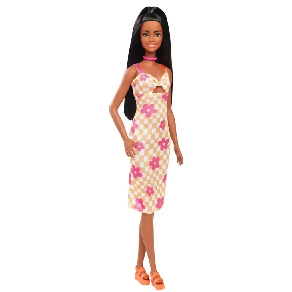 Barbie: Fashionista štýlová bábika v kockovaných, kvetinových šatách - Mattel kép 2