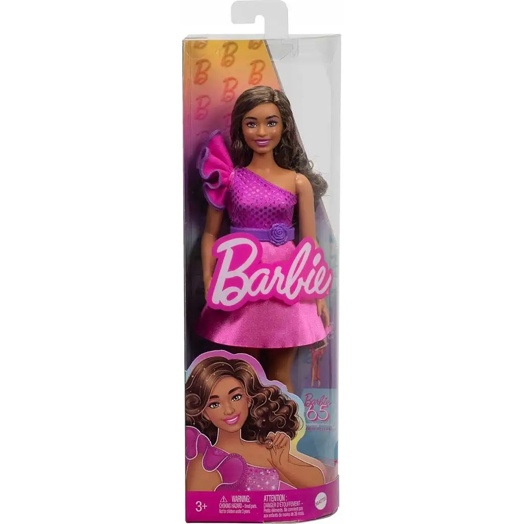 Barbie: Fashionista štýlová bábika v žiarivo ružových šatách - Mattel