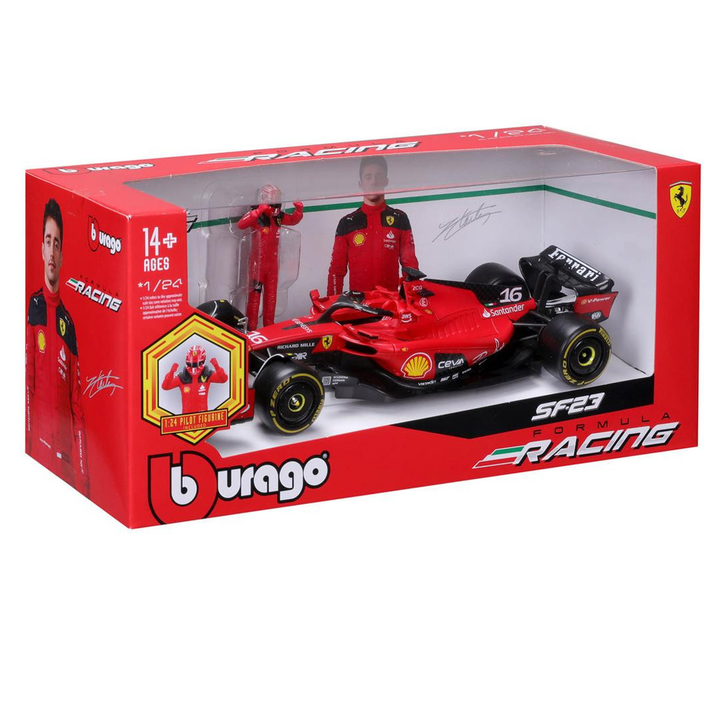 Bburago: Ferrari SF23 F1 pretekárske auto kovový model auta s pilotom 1/24 (Charles Leclerc #16)