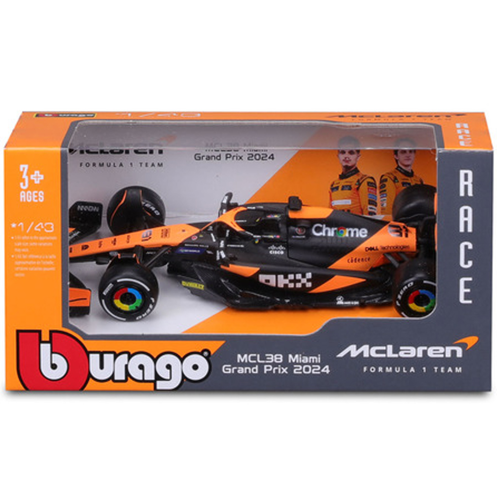 Bburago: McLaren MCL38 Miami Grand Prix 2024 F1 pretekárske auto, kovový model v mierke 1:43 (Oscar Piastri #81)