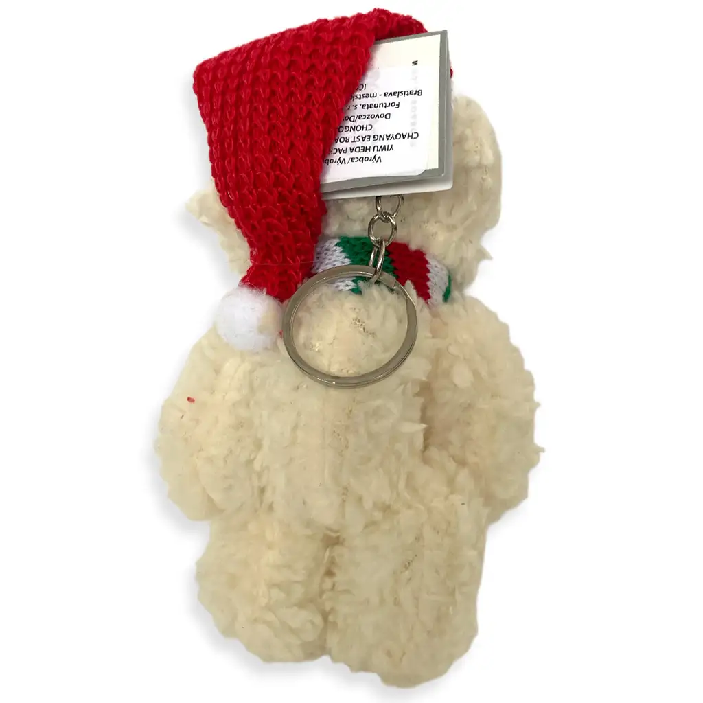 Biely plyšový medveďik na kľúče v Mikulášskej čiapke 12cm kép 2