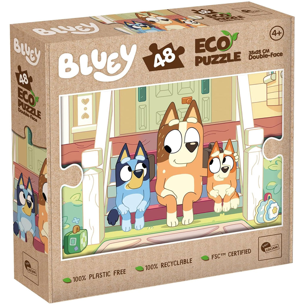 Bluey psíky na schodoch 2 v 1 48-dielne Eco mini puzzle a omaľovánka 35x25 cm – Lisciani
