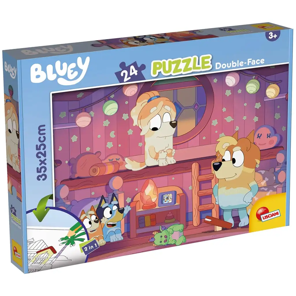 Bluey rozprávka na dobrú noc 2 v 1, 24-dielne puzzle a omaľovánka 35x25 cm – Lisciani