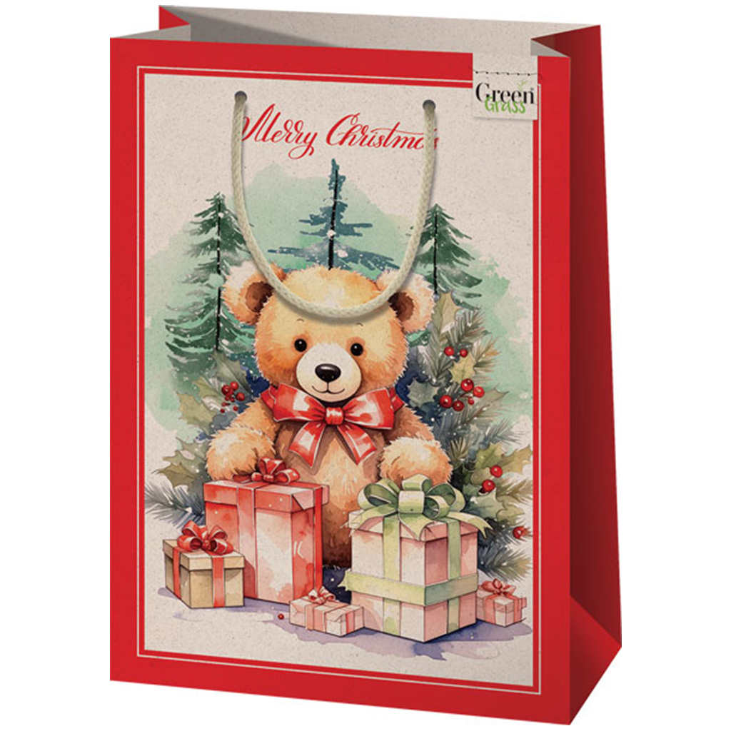Cardex: Green Grass Vianočná exkluzívna darčeková taška s medvedíkom, veľký rozmer 27x14x33 cm