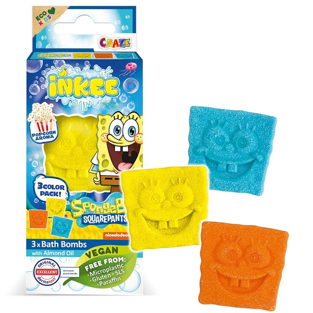 Craze Inkee: Vegánska kúpeľová bomba v tvare - SpongeBob s vôňou popcornu, 3 kusy kép 1