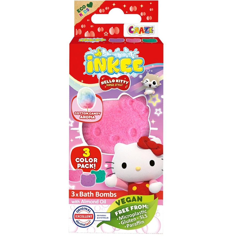 Craze Inkee: Vegánske bomby do kúpeľa - tvary Hello Kitty s arómou cukrovej vaty, balenie 3 kusy kép 1