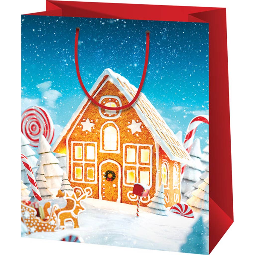 Darčekový sáčok s motívom medovníkového domčeka normálnej veľkosti 11x6x14cm.