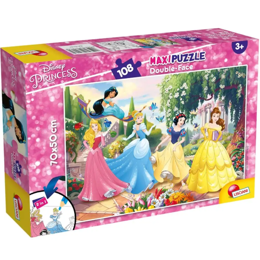 Disney Princezné 2 v 1, puzzle so 108 dielikmi a omaľovánka 70x50 cm – Lisciani