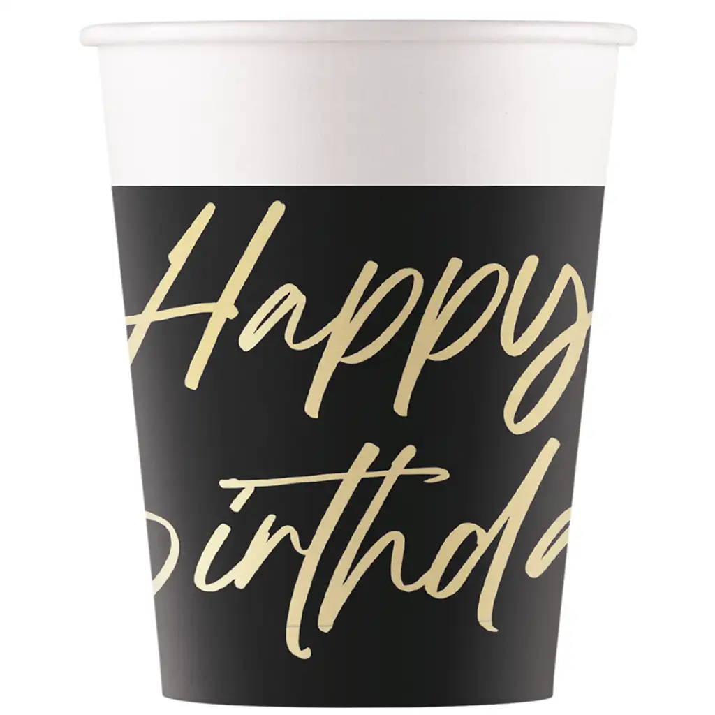 Elegantné narodeninové papierové poháre s nápisom „Happy Birthday“, 8-dielna súprava, 200 ml