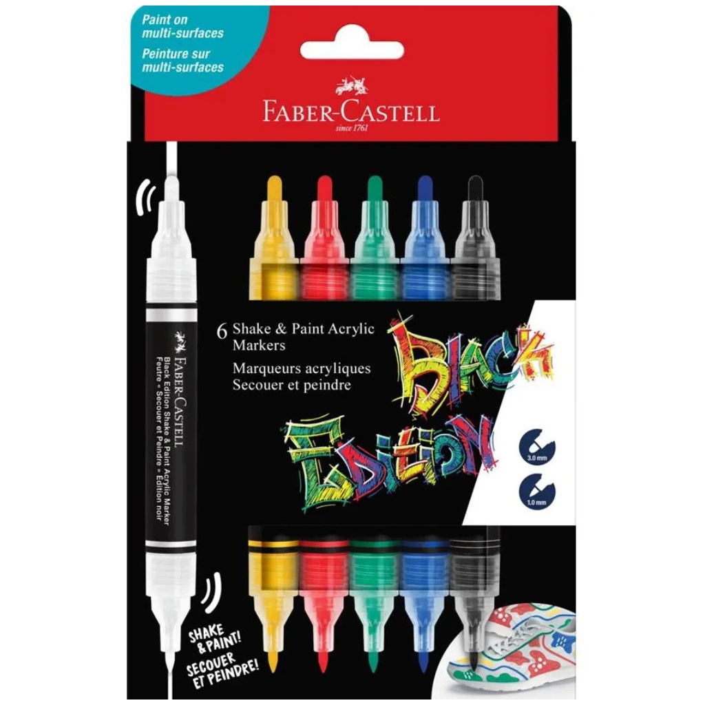 Faber-Castell: Black Edition Shake & Paint 2-stranný farebný marker set s hrotmi 3 mm a 1 mm, 6 kusov