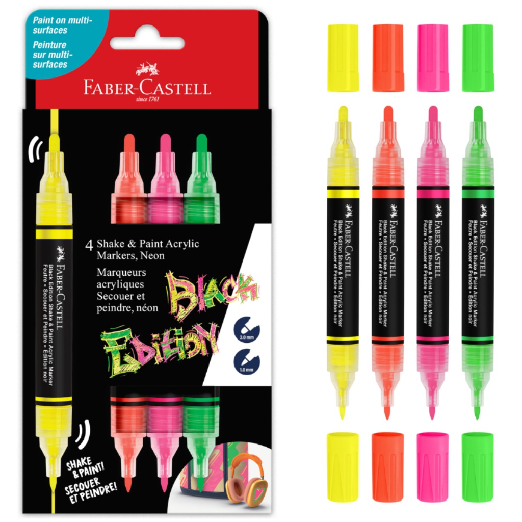Faber-Castell: Black Edition Shake & Paint sada farebných popisovačov s dvoma hrotmi 3 mm a 1 mm, 4 kusy