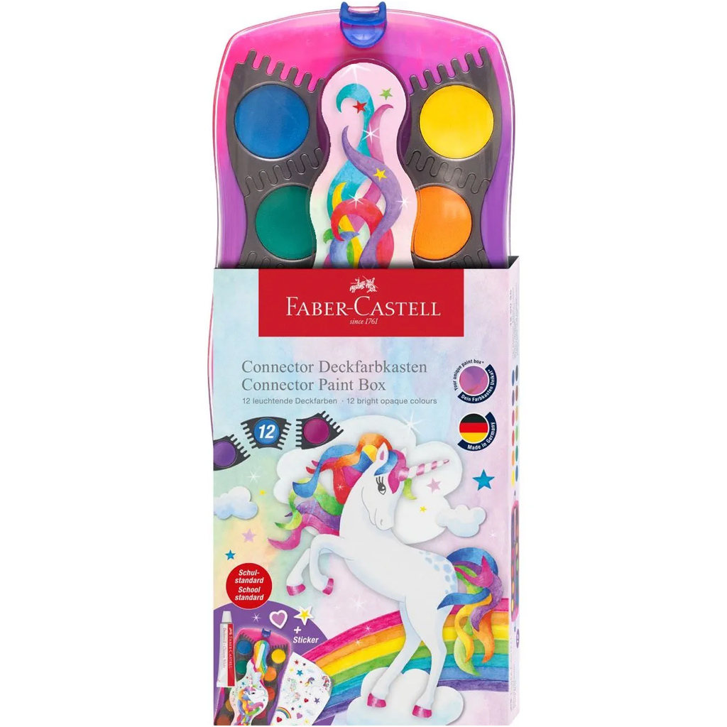 Faber-Castell: Connector 12-dielna sada vodových farieb so spojiteľnými paletami, s jednorožcom