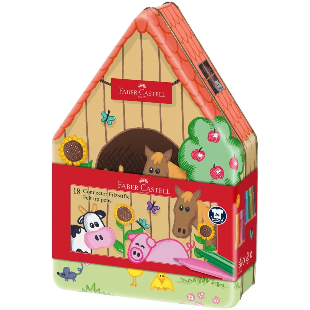 Faber Castell: Connector súprava fixiek, 18 kusov, v kovovej krabičke s farmárskym motívom