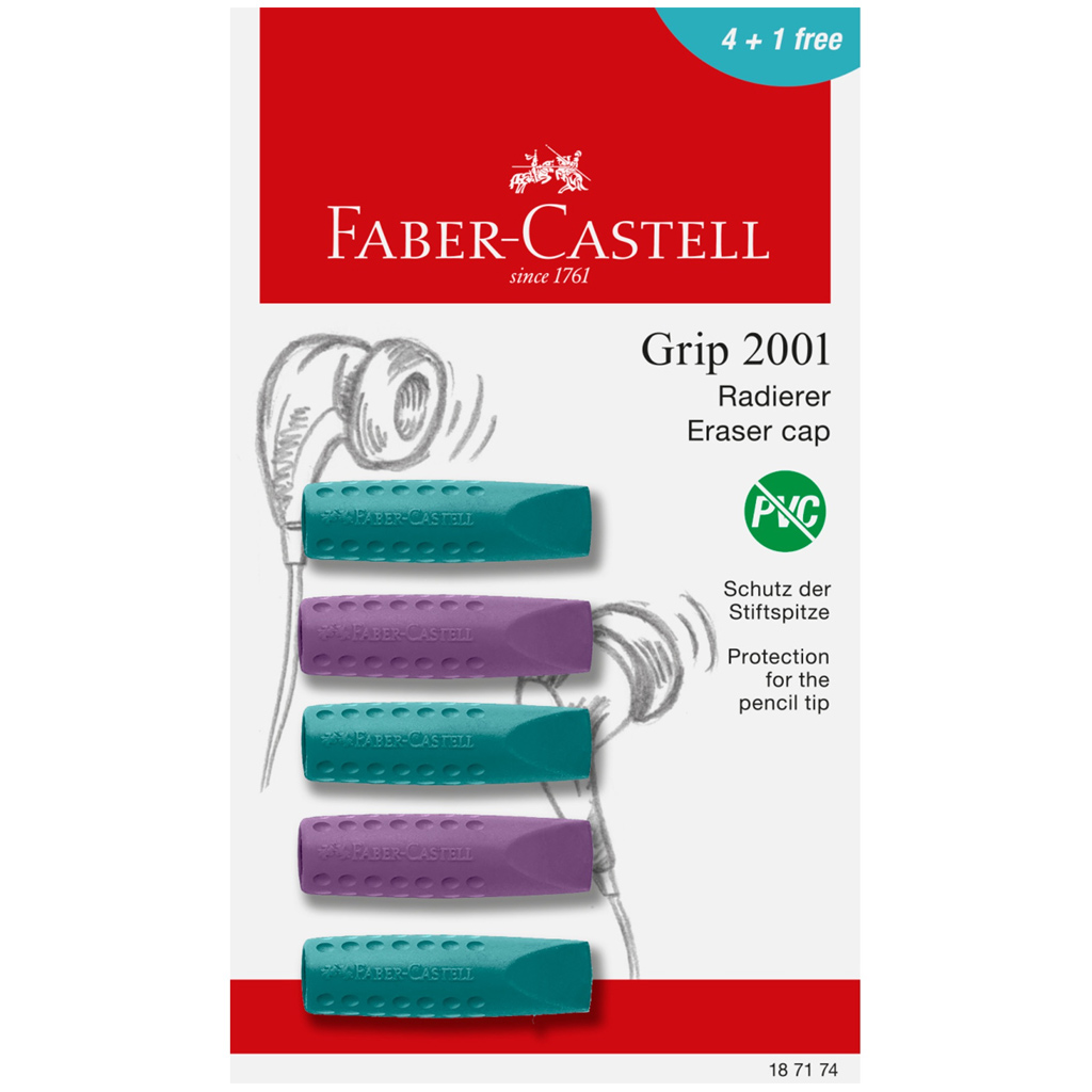 Faber-Castell: GRIP 5 ks sada gumičiek s viečkom v fialovej a modrej farbe