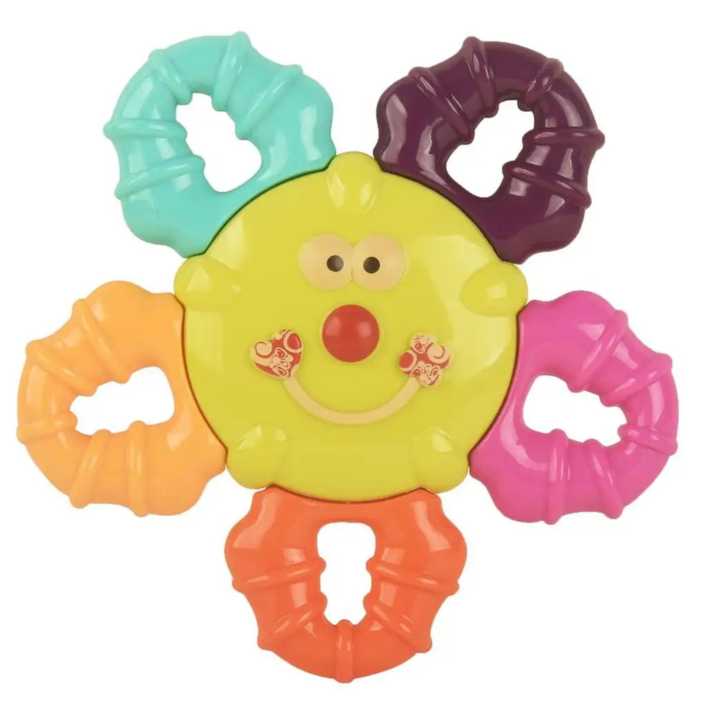 Farbenfroh, fröhlich, 2 in 1 Baby Beißring und Rassel.