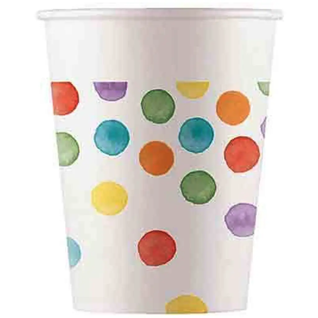 Farebné bodkované papierové poháre 8 ks sada 200 ml