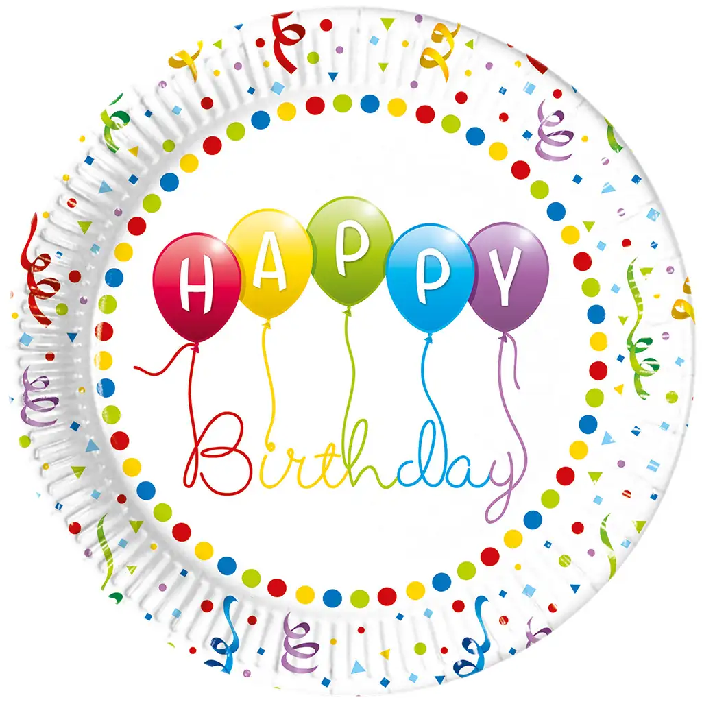 Farebný narodeninový papierový tanier s nápisom „Happy Birthday“, sada 8 ks.