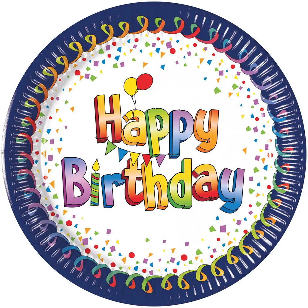 Farebný narodeninový papierový tanier s nápisom "Happy Birthday", 8 ks sada, 20 cm