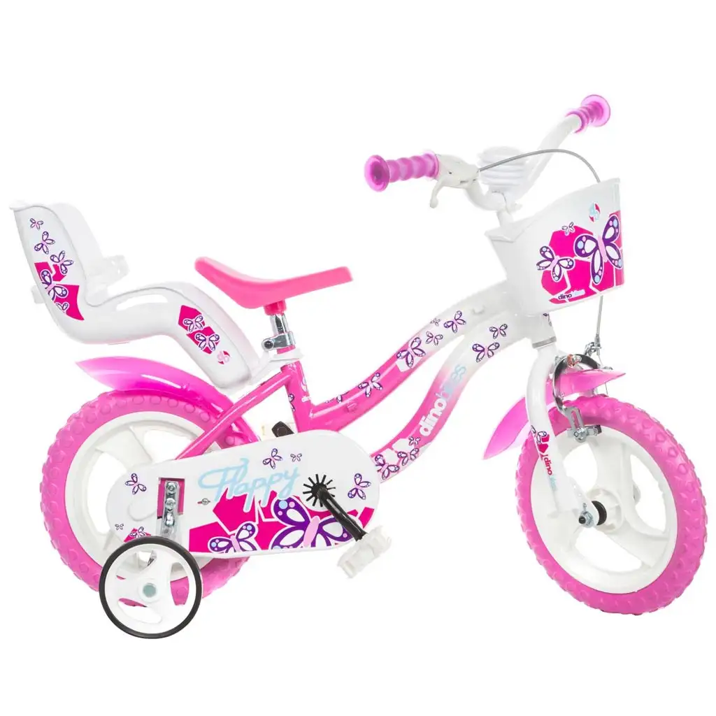 Flappy 12” detský bicykel s košíkom a sedadlom pre bábiku v ružovo-bielej farbe - Dino Bikes bicykel
