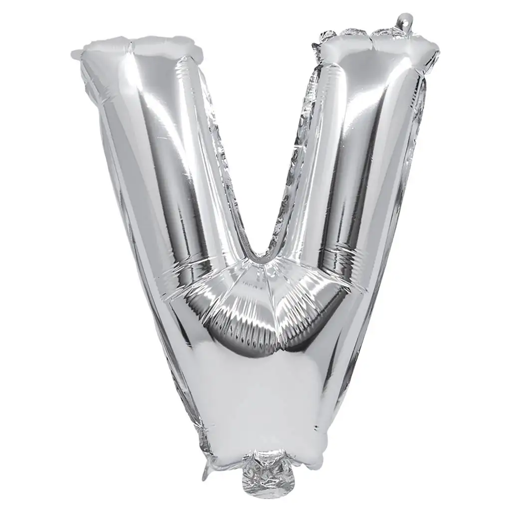 Fóliový balónik v tvare písmena V striebornej farby – písmeno V 32 cm