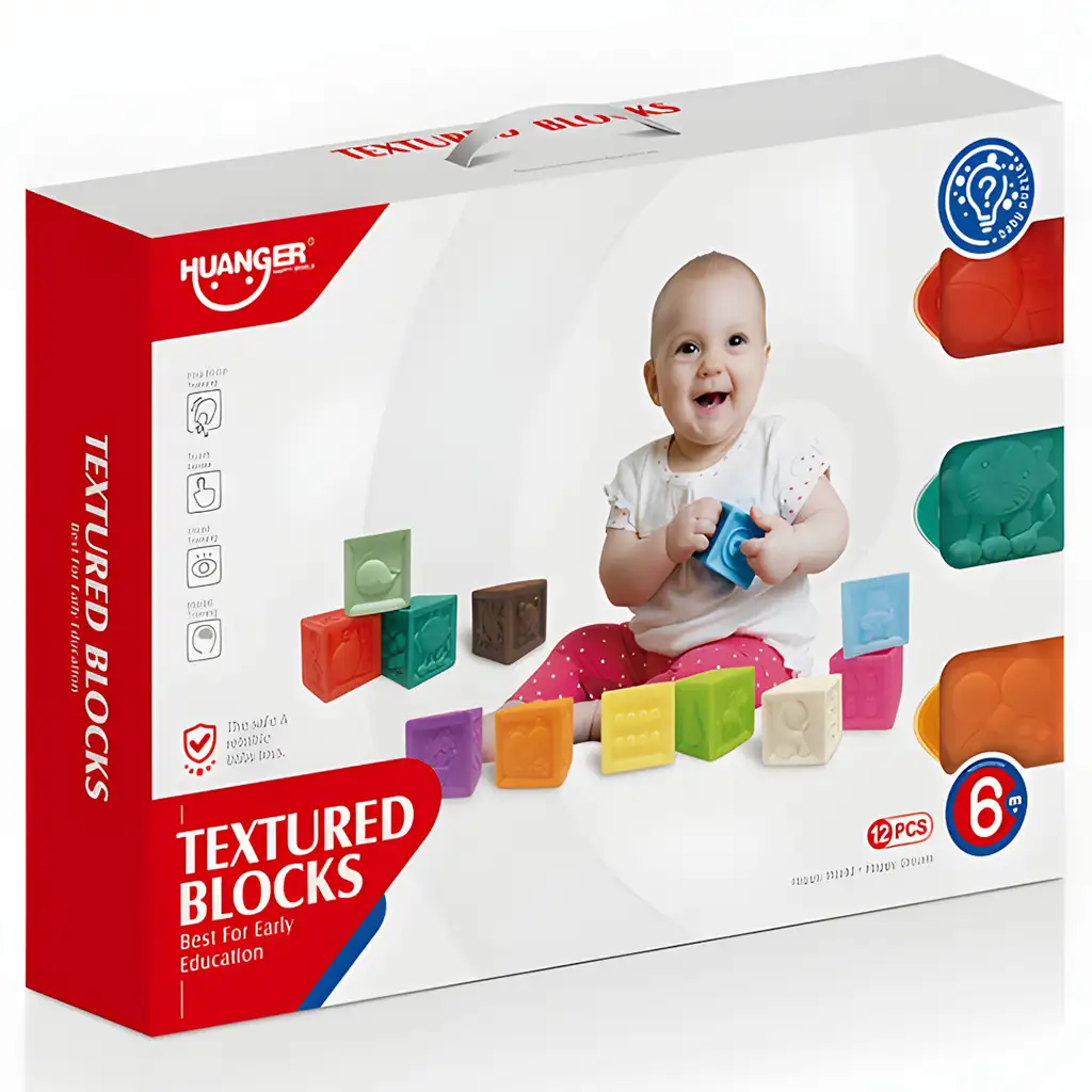 Happy World: Sada 12 mäkkých stavebných kociek na rozvoj hmatu
