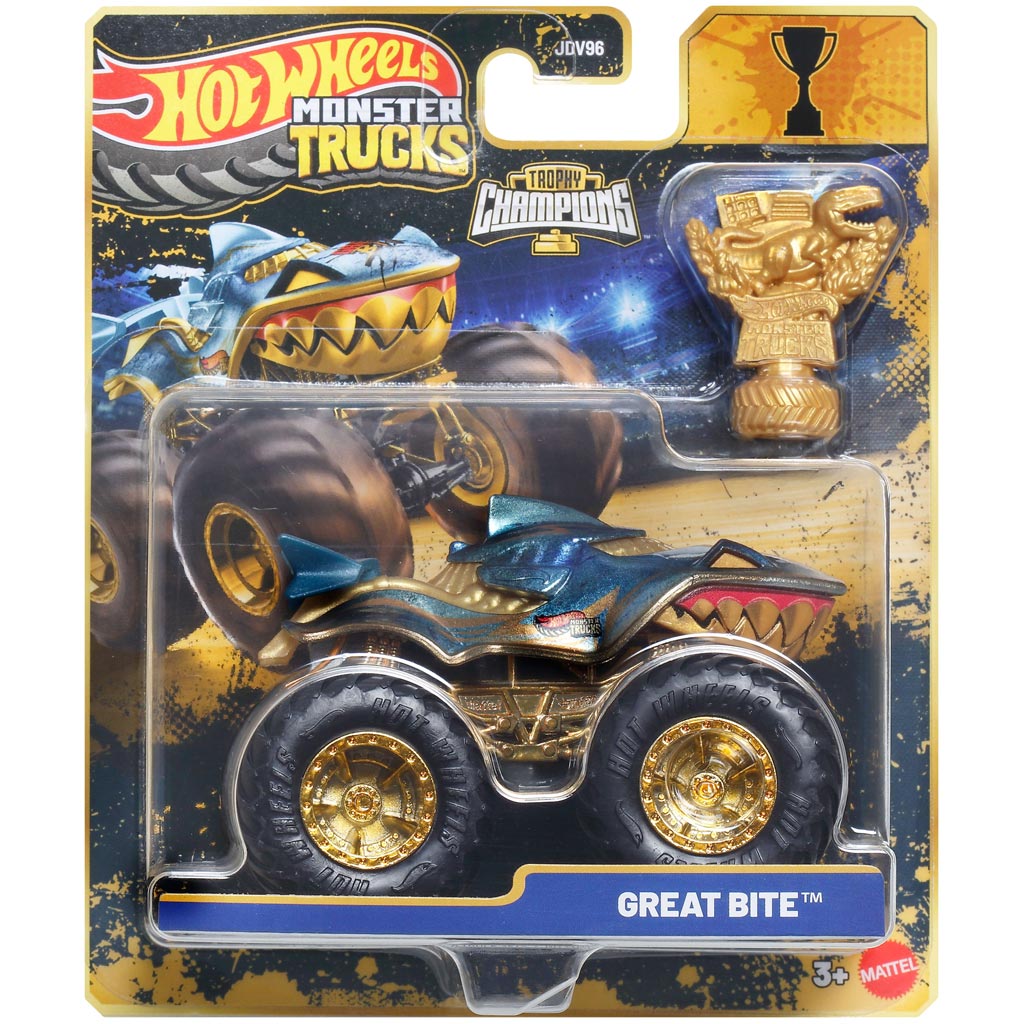 Hot Wheels Monster Trucks: Great Bite – víťazné mini autíčko s pohárom 1/64 – Mattel