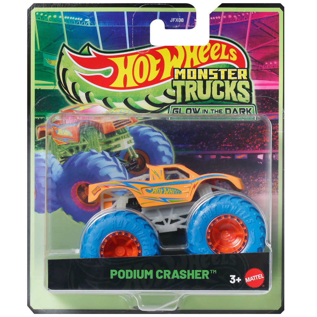 Hot Wheels Monster Trucks: Podium Crasher oranžové autíčko svietiace v tme 1:64 – Mattel