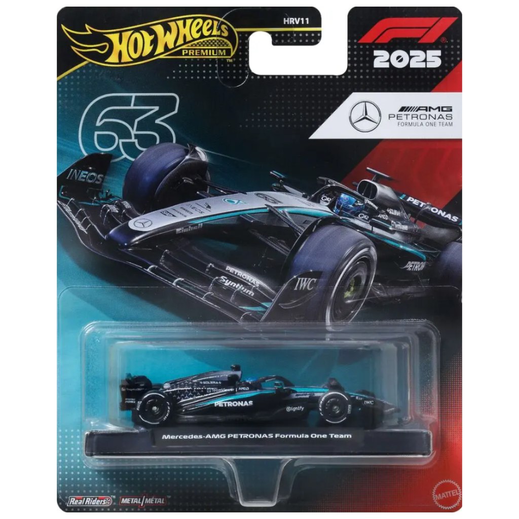 Hot Wheels Premium: Mercedes-AMG Petronas Formula 1 tím č. 63 autíčko 1:64 - Mattel