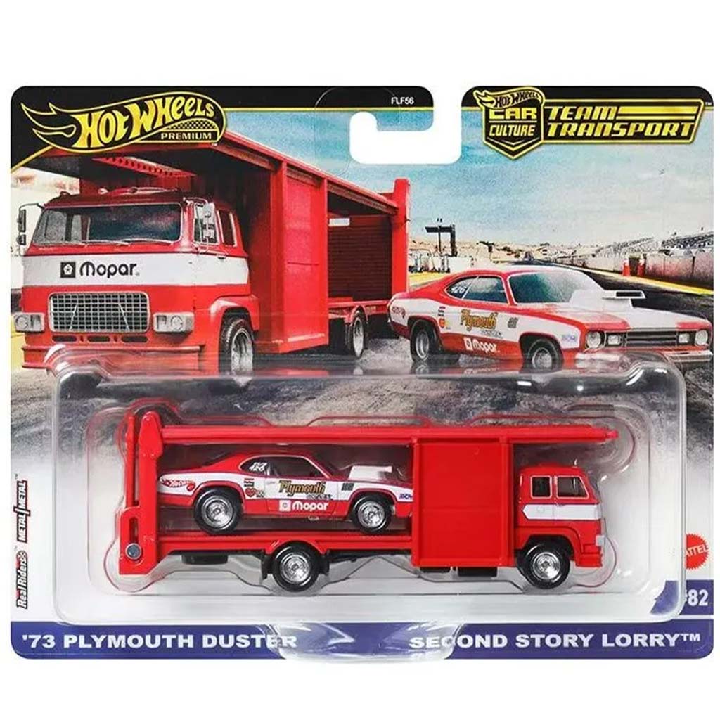 Hot Wheels: Second Story Lorry prémiový autotransportér a 73 Plymouth Duster autíčko 1/64 – Mattel