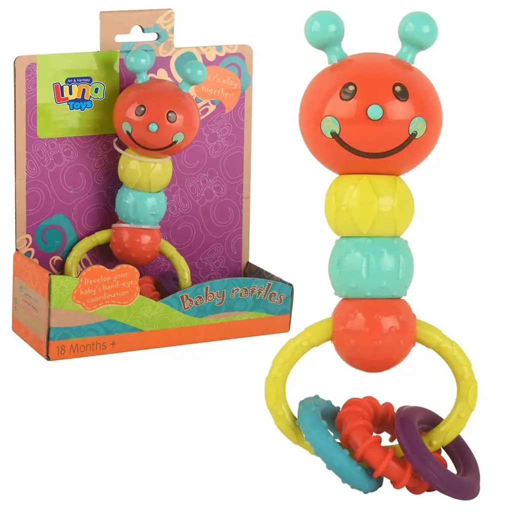 Húsenka tvarovaný farebný detský chrastítko a hryzák 18cm