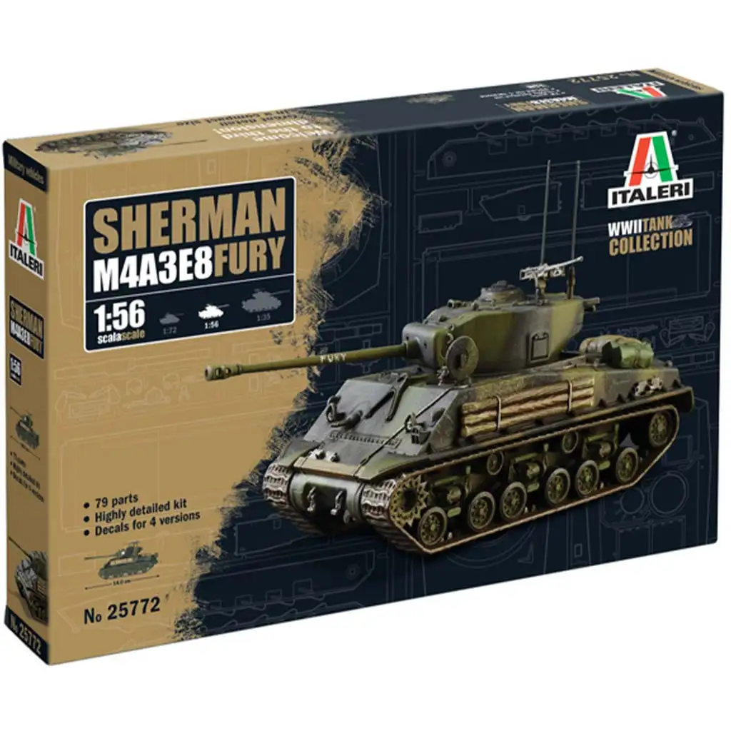 Italeri 1/56 M4A3E8 Sherman Fury tank model