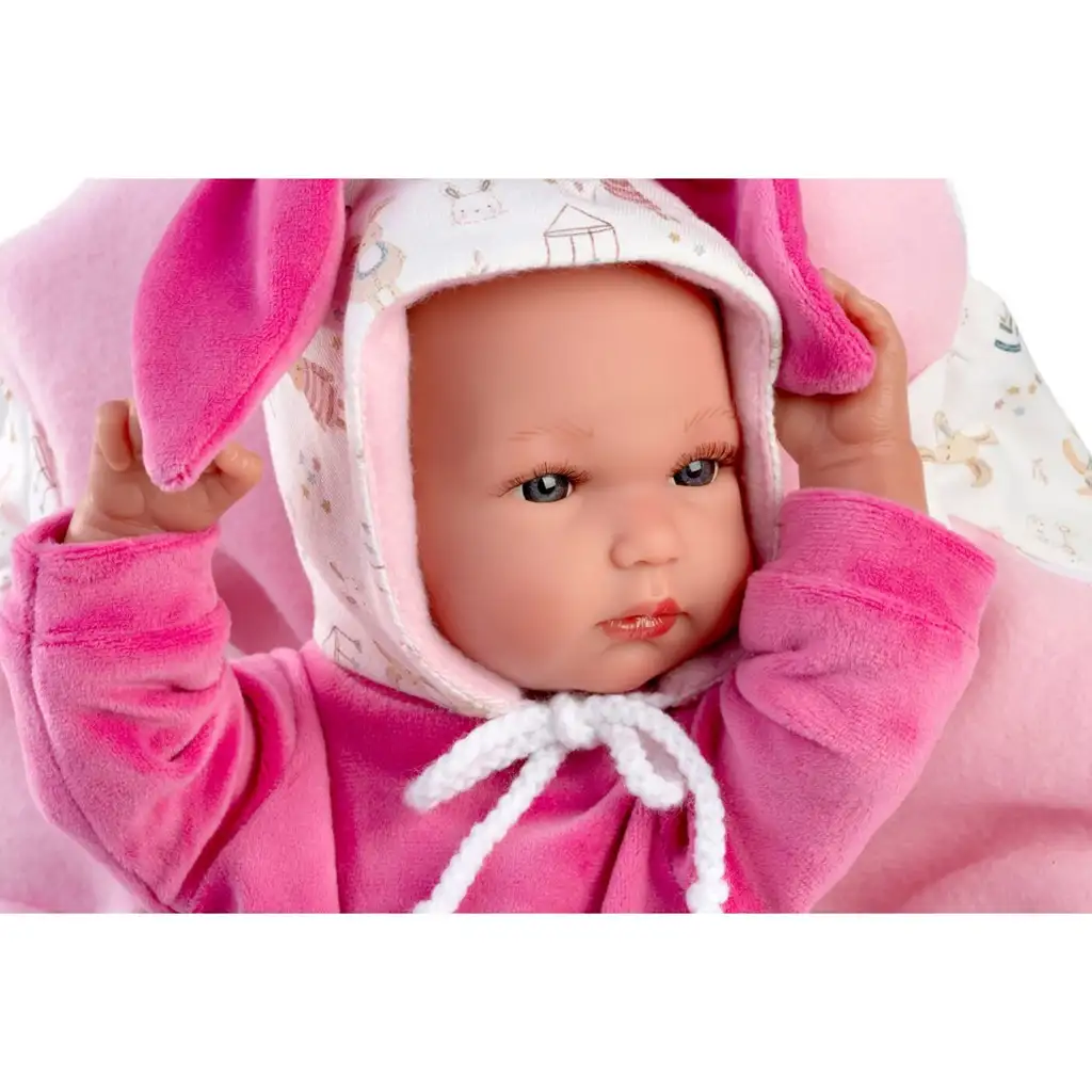 Llorens: Bimba novorodenec s ružovým zajačikovým nosičom 35 cm kép 2