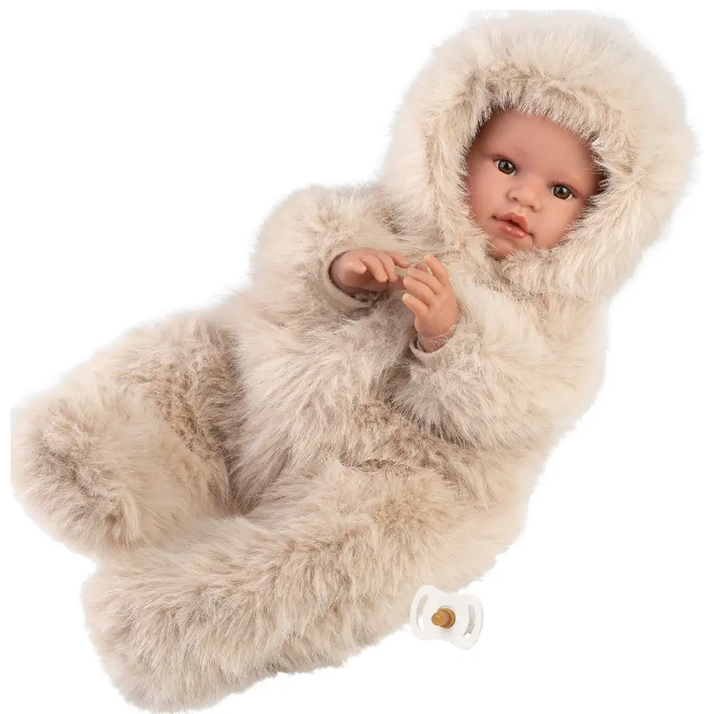 Llorens: Leo 45 cm plačúca bábika s cumlíkom v krémovom zamatovom kabátiku.