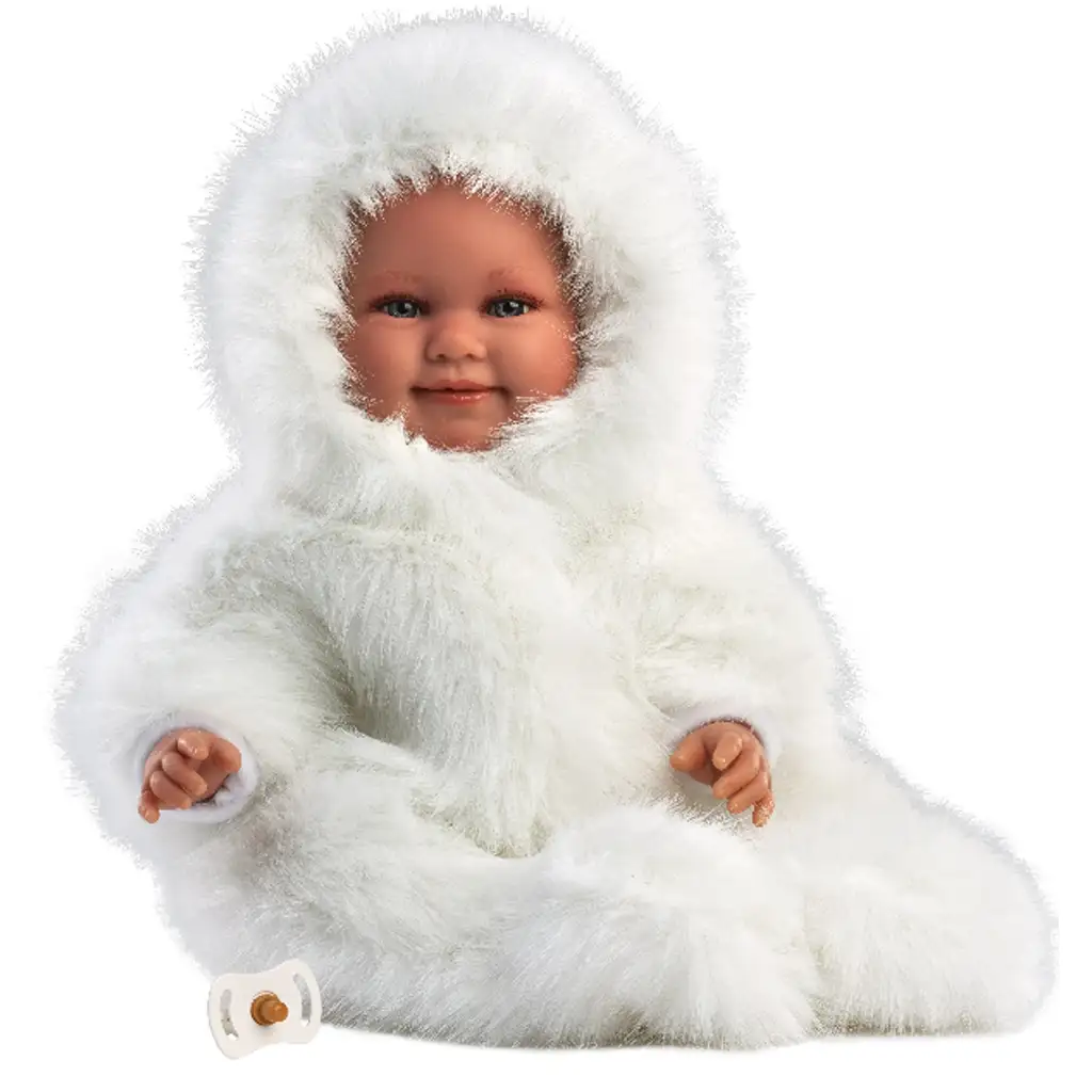 Llorens: Luka 45 cm vysoká usmievavá bábika s cumlíkom v bielom zamatovom kabáte.
