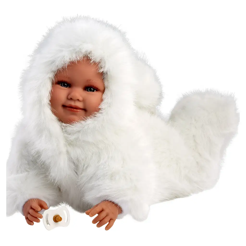 Llorens: Luka 45 cm vysoká usmievavá bábika s cumlíkom v bielom zamatovom kabáte. kép 2