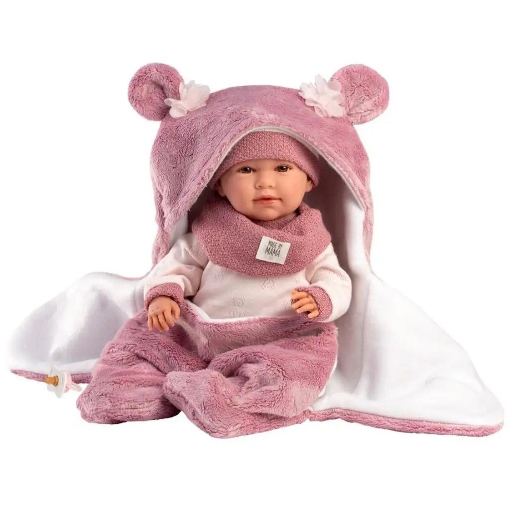 Llorens: Mimi 42 cm plačúca bábika s ružovým mäkkým spacím vakom s medvedími uškami