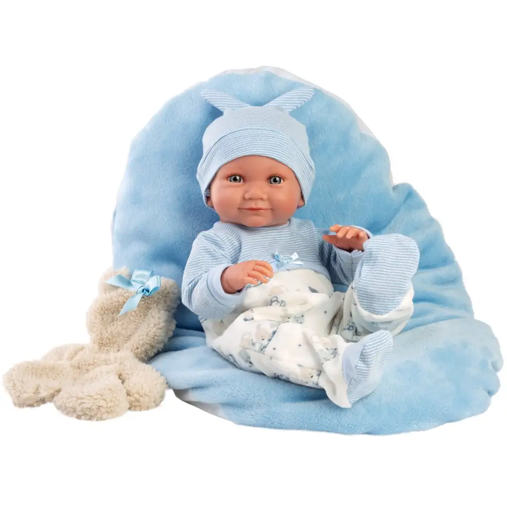 Llorens: Nico 40 cm novorodenec s medveďom a modrou dekou.