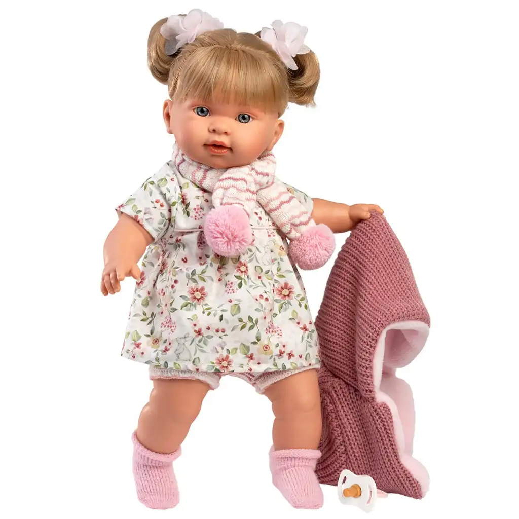 Llorens: Plačúca bábika Alexandra s cumlíkom, 42 cm, v ružovom pletenom kabátiku a kvetinovej sukni. kép 2