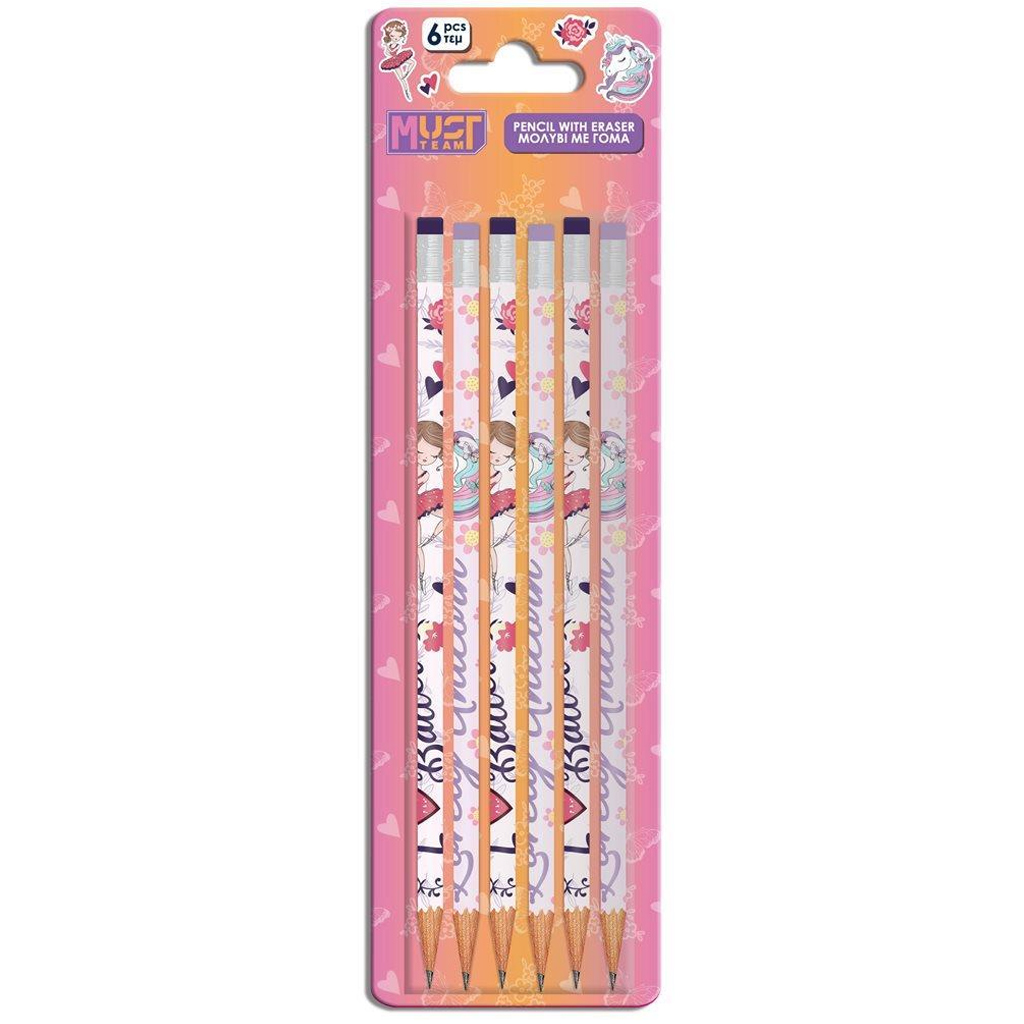 Luna: Dievčenská grafitová ceruzka s gumou, sada 6 kusov