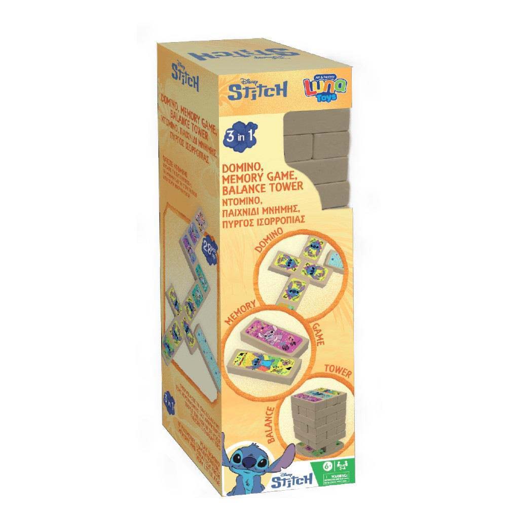 Luna: Disney Stitch 3 v 1 spoločenská hra – Jenga, Domino a Pamäťová hra